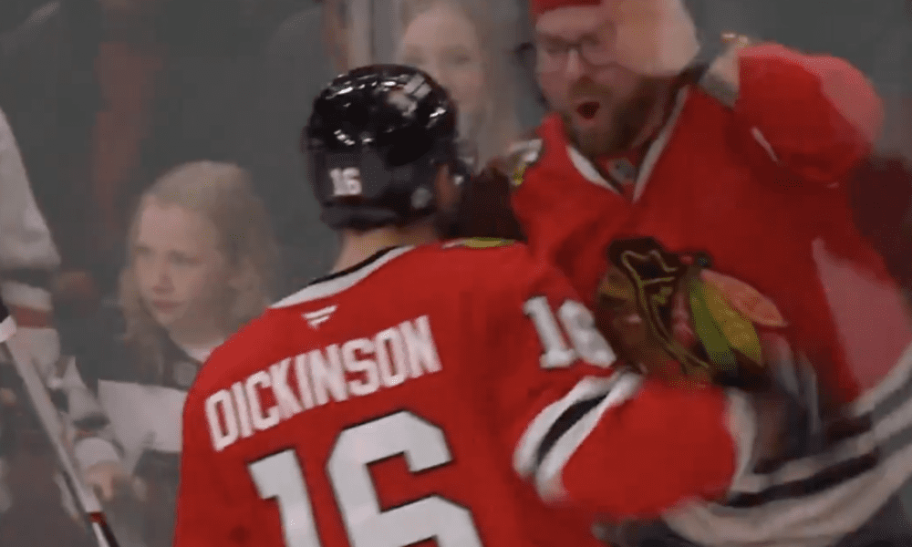 Jason Dickinson #16, of the Chicago Blackhawks celebrates after scoring the first goal of the game against the Anaheim Ducks on Nov. 19, 2024.